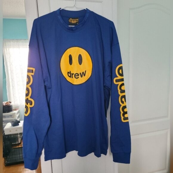 Leafs X Justin Bieber Drew House Blue Smiley Long Sleeved Mock Neck Shirt L - Picture 1 of 15